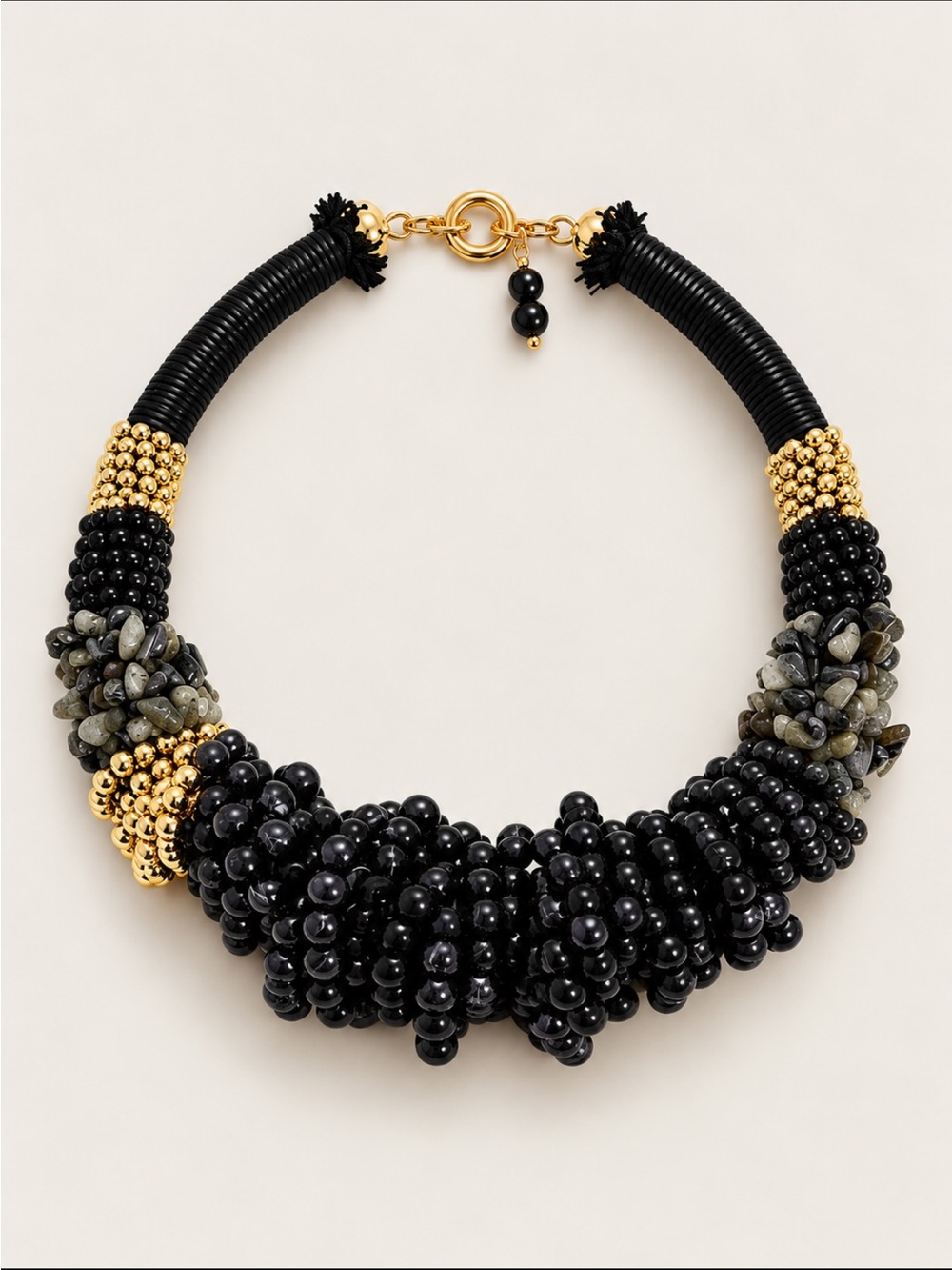 New! Black Gold Beaded Chunky Bib Statement Collar Necklace NWOT